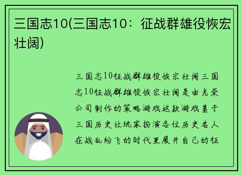 三国志10(三国志10：征战群雄役恢宏壮阔)